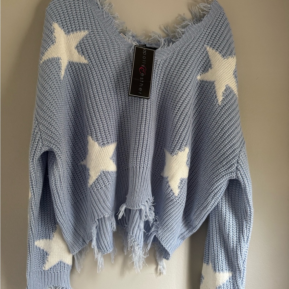 Polly & Esther Blue and White Star Crew Neck Sweater